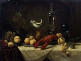 Dutch School, late 18th century Still life with lobster, exotic fruits, wine jug and platter on a