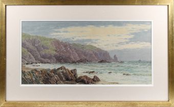 British School (19th Century) Rocky coastal scene with seabirds and distant ships, watercolour