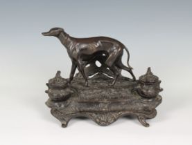 After Pierre-Jules Mêne - An antique bronze Greyhound inkstand the Greyhound, set on naturalistic