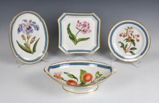 An 18th century Coalport soft paste botanical part dessert service each piece painted with a named