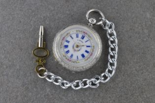 A Victorian silver cased ladies open faced fob watch hallmarked London 1886, the floral decorated,