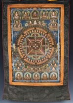 A 20th Century Tibetan thangka depicting assorted deities, gouache on stiffened cloth, with silk
