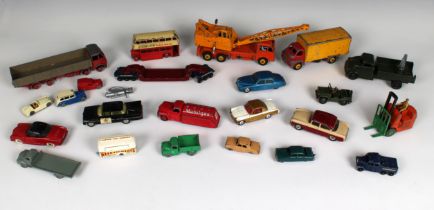 A collection of various playworn die-cast cars and vehicles comprising a Dinky & Corgi, Lesney, etc.