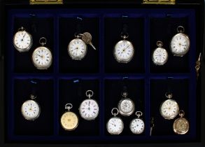 A collection of silver cased ladies open faced fob watches mostly late 19th or early 20th century,