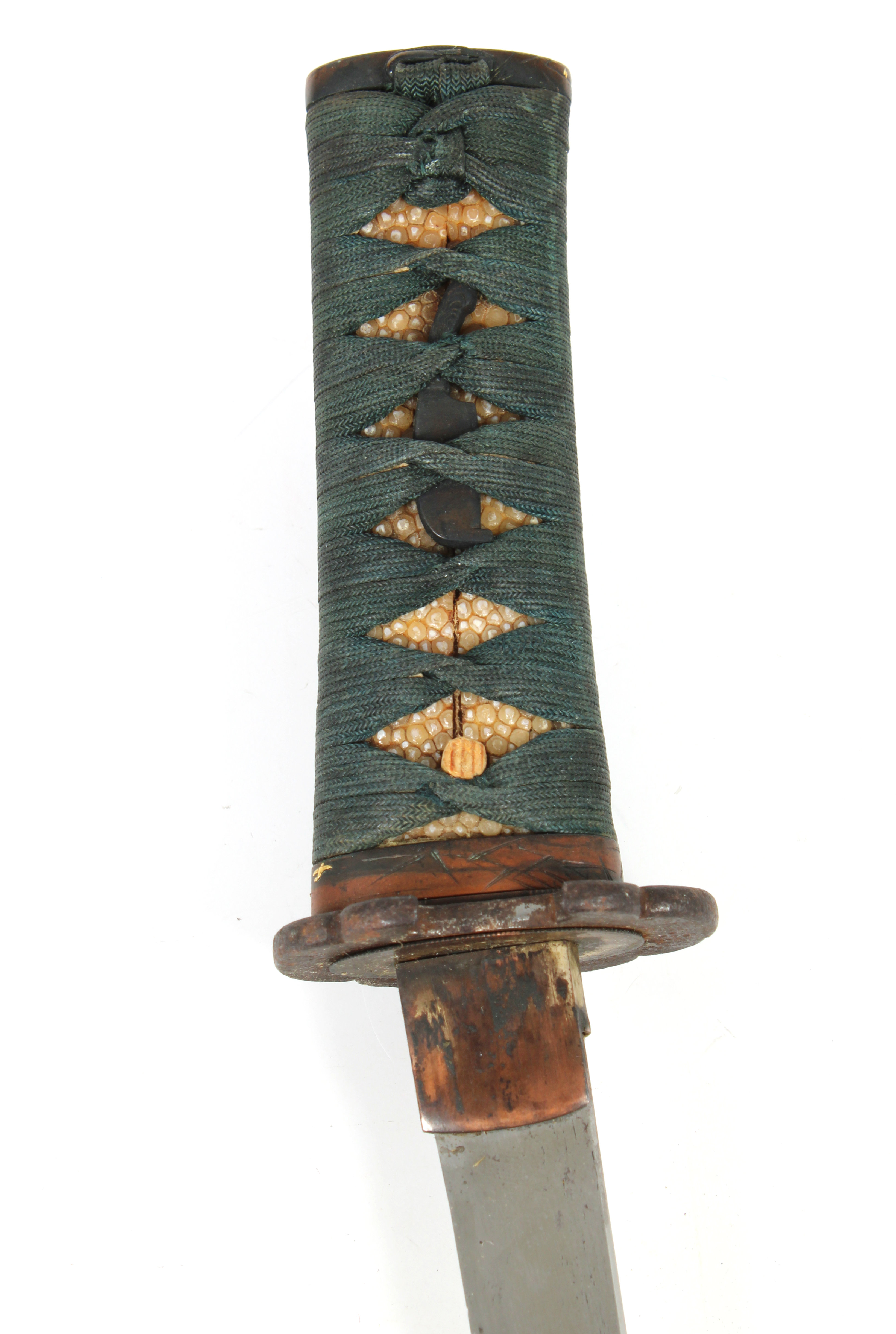 A Japanese Tanto short sword signed, 23cm. blade, copper Habaki, Bronze Tsuba, black braid bound - Image 4 of 6