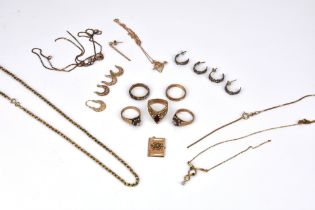 A collection of 9ct yellow gold jewellery (mostly damaged) to include gem set rings, chains,