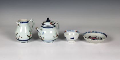 A Chinese Export tea pot and jug 18th Century, together with a later teabowl and saucer, painted