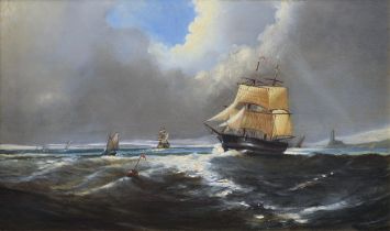 English School, mid 19th century "Rounding the Point". A two masted brig and other shipping off a