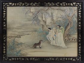 Chinese School (19th/20th Century) Four immortals and a tiger cub, watercolour heightened with white