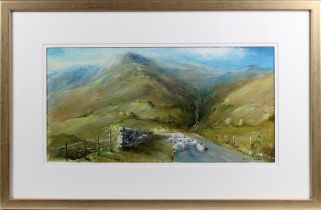 David Wood Sheep in Lake District mountains oil painting, signed lower right 9 x 17¾in. (22.8 x