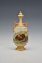 A Royal Worcester porcelain Highland Cattle painted covered vase by John Stinton painted with two