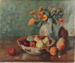 English School, mid 20th century Still Life of Marigolds in a Jug with Fruit in an Imari Bowl, oil