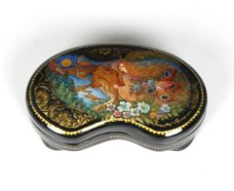 A mid to late 20th century Russian lacquered box of kidney bean form, the hinged cover exquisitely