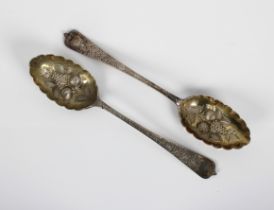 A Pair of Victorian silver berry spoons Elkington & Co Ltd, Birmingham, 1898, bright cut floral