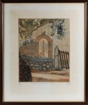 Maria Burgess Whinney (British, 1914-1995) Old Guernsey Farmhouse II coloured etching, limited