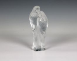 A Lalique Parakeet group clear and frosted glass, original sticker, etched 'Lalique France', 7 3/