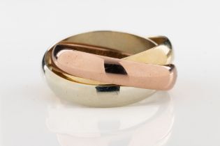 A 9ct gold Russian wedding ring The trinity wedding ring with three bands in 9ct yellow, white and