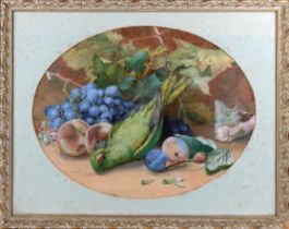 Isabel Naftel (British, 1832-1912) Still life of a parakeet, stone fruits, grapes and vines,