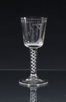 A mid-18th century style engraved 'Admiral Byng' wine glass 20th century, the bucket bowl engraved