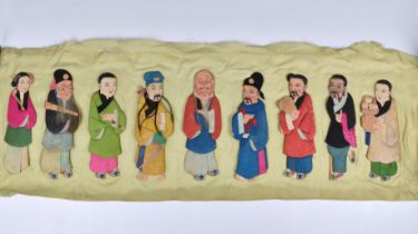 A Chinese painted duiling silk panel depicting nine immortals probably Qing Dynasty, 19th century,