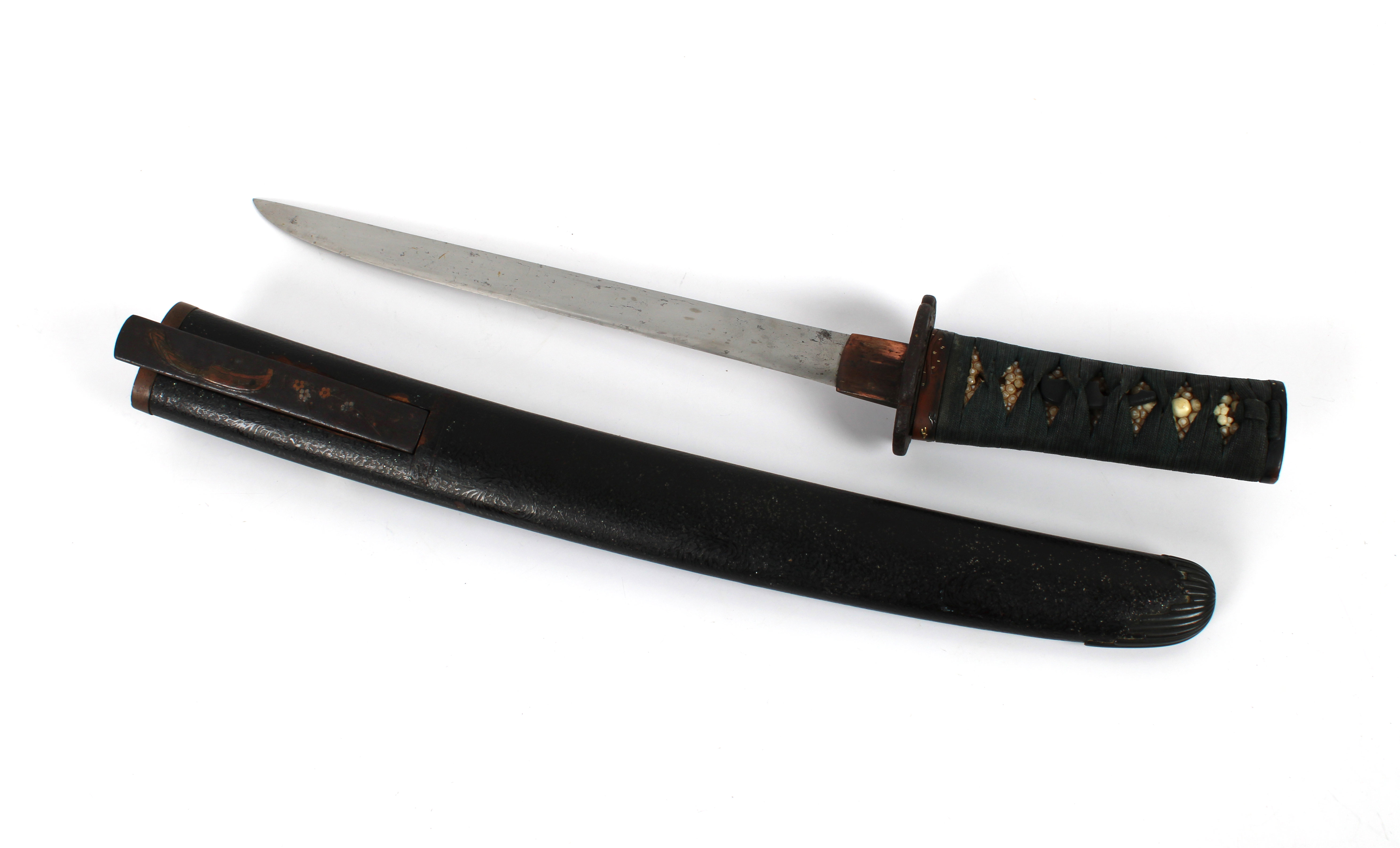 A Japanese Tanto short sword signed, 23cm. blade, copper Habaki, Bronze Tsuba, black braid bound