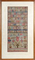 Two 19th Century needlework samplers both depicting floral designs, the alphabet and Arabic