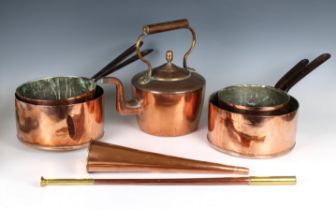 A group of four copper pans together with a copper tea kettle and a copper and brass hunting horn (