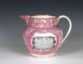 A large Sunderland Pink Lustre Jug painted and transfer printed with 'A west view of the iron bridge