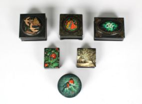 A collection of six mid to late 20th century small Russian lacquered boxes of varying forms, to
