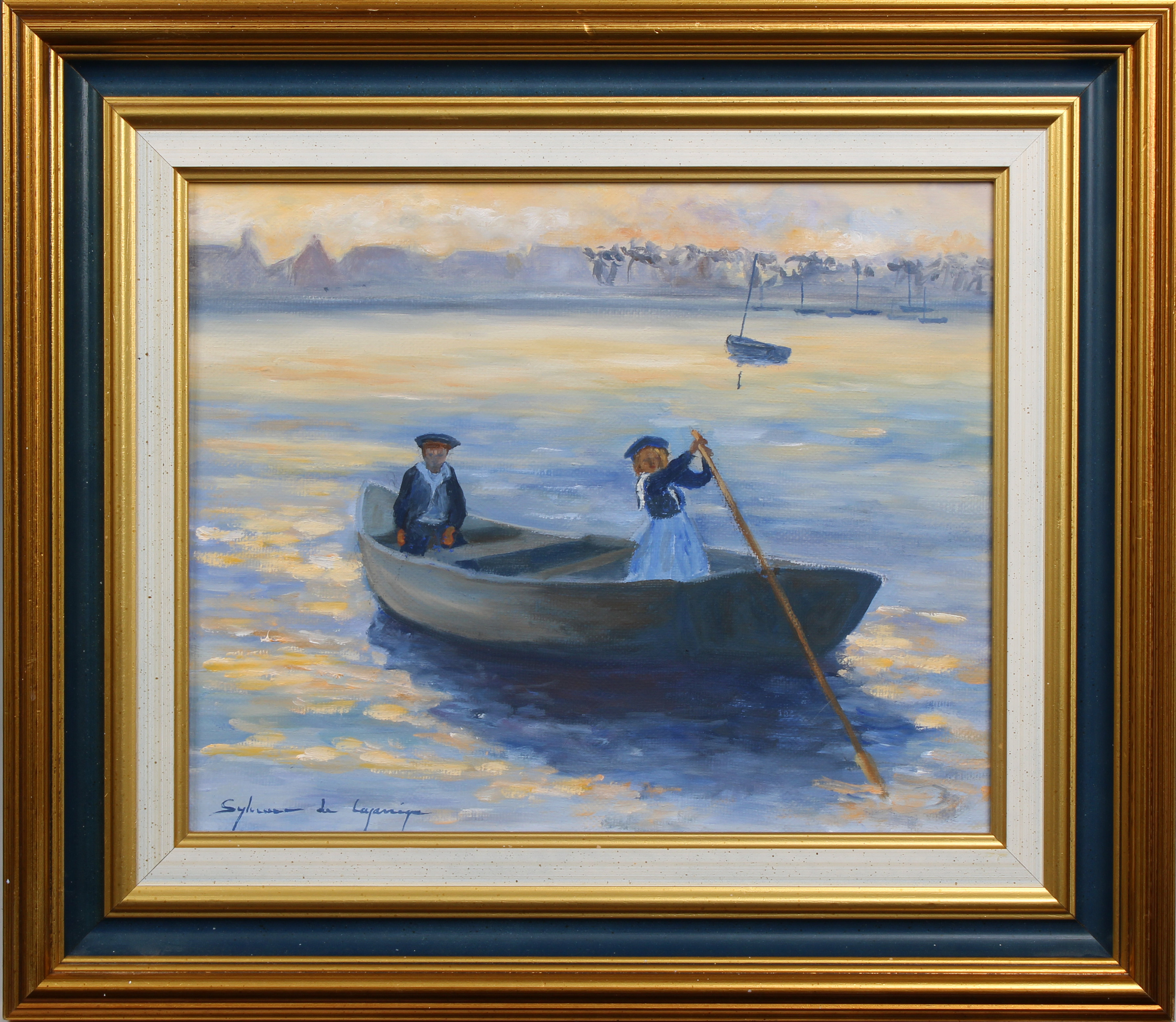 Sylviane De Lajarrige (French, 21st century) Sculling, oil on canvas, signed lower left, framed,