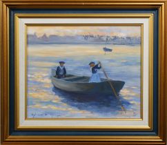 Sylviane De Lajarrige (French, 21st century) Sculling, oil on canvas, signed lower left, framed,