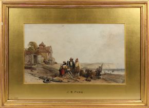 James Baker Pyne (English, 1800-1870) Fisherfolk on the Beach, watercolour, 19th century gilded