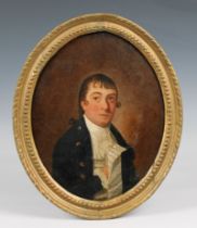 Follower of Thomas Hickey (Irish, 1741-1824) Portrait of a gentleman, half length, wearing a blue