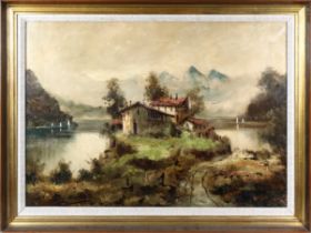 Mancini (Italian, mid 20th century) Farmhouse on a lake in a mountainous landscape, oil on canvas,