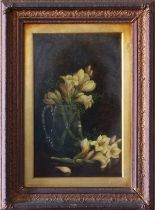 English School, late 19th century Lilies in a Glass Jug, oil on artist's board, signed