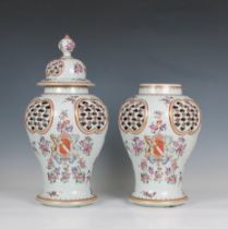 A pair of Samson of Paris armorial baluster vases and covers 19th century, painted in famille rose