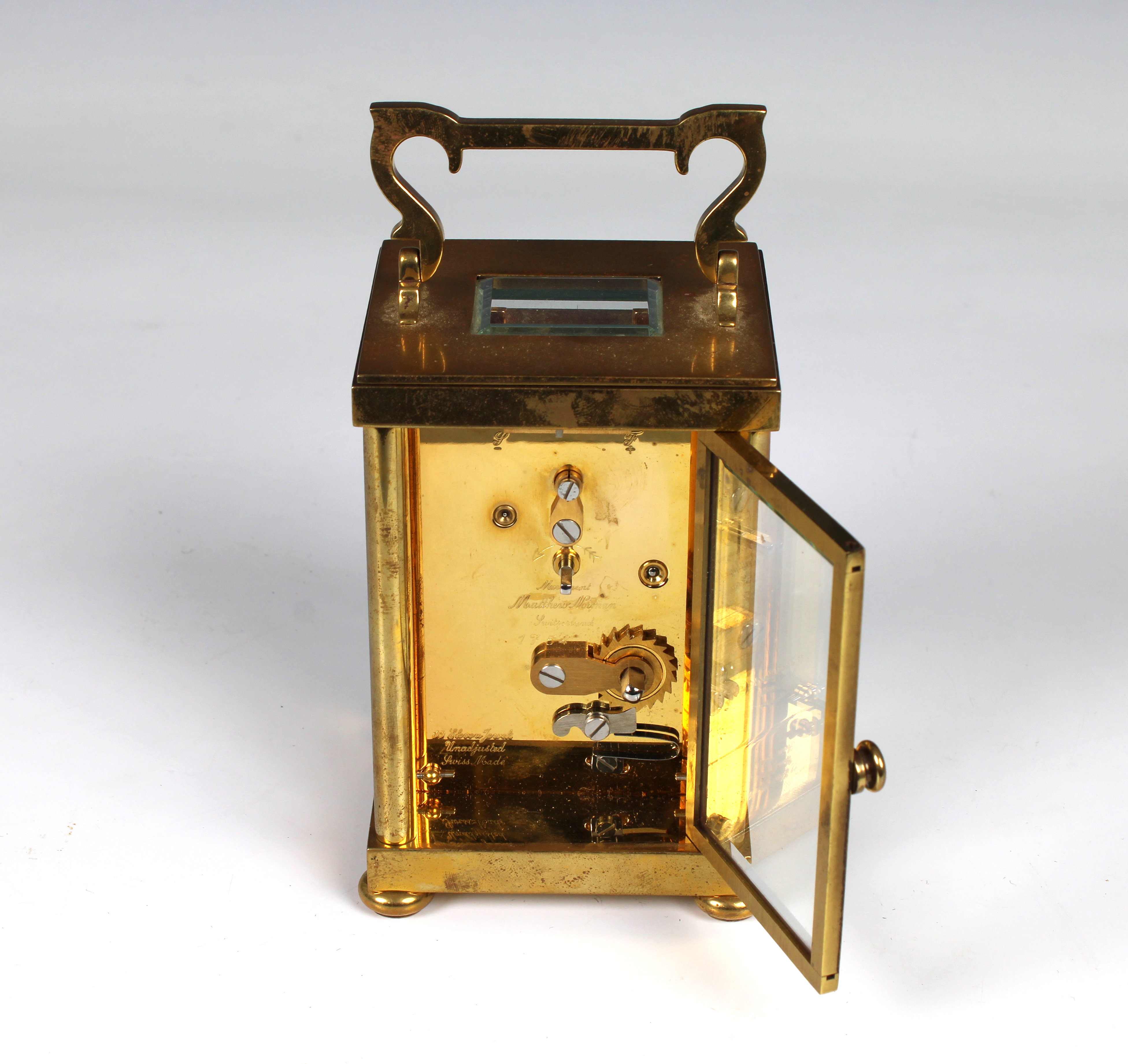 A Matthew Norman carriage clock 20th Century, with visible escapement, white dial with Roman - Image 3 of 5