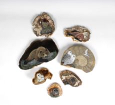 Jan Smith - hand painted fossil art A small collection, to include a polished ammonite, hand painted
