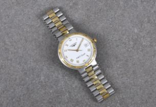 A Longines V.H.P. Quartz Conquest bi-metal wrist watch c.1990, the white, 27mm. dial with date