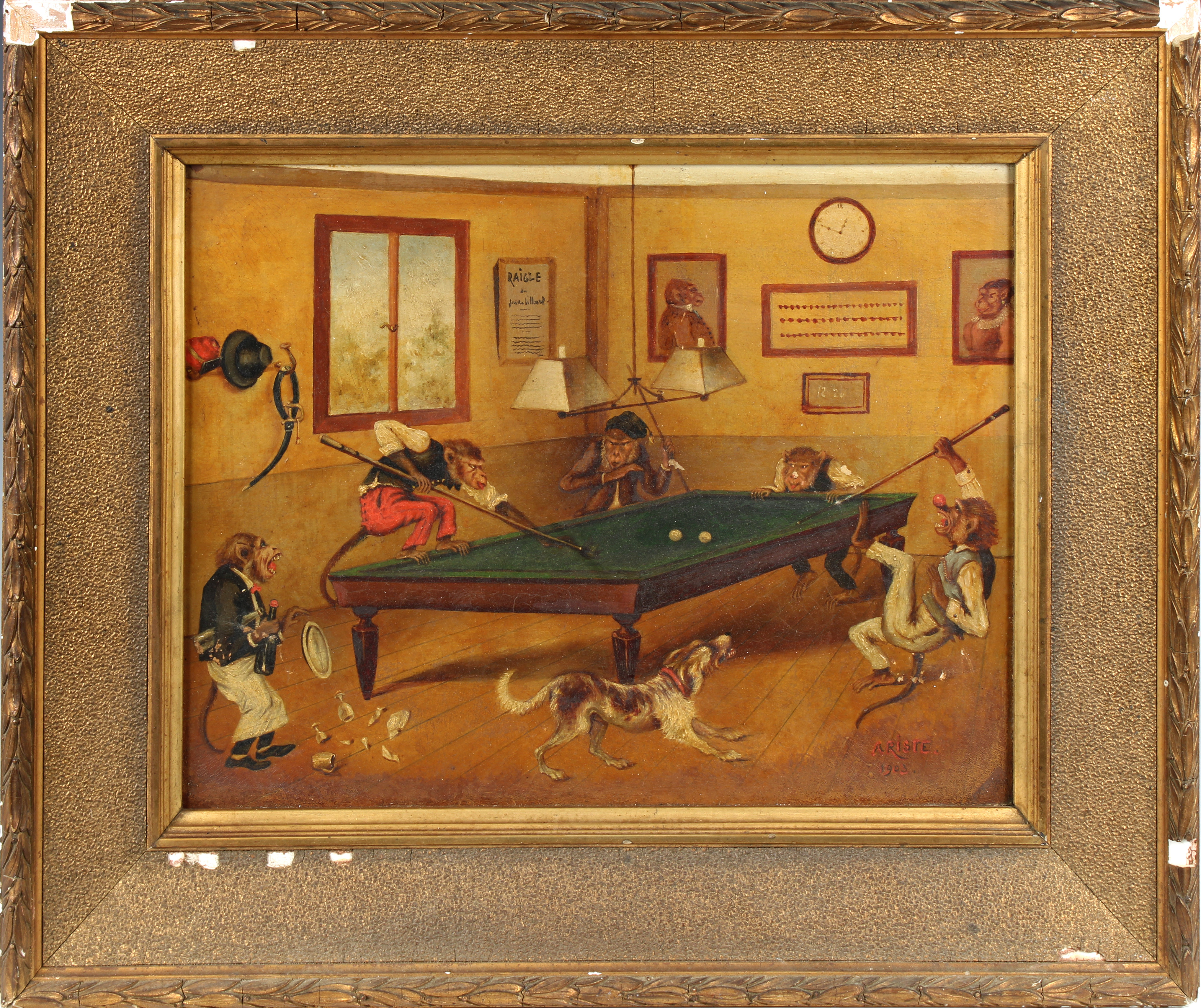 Ariste (French, early 20th century). Anthropomorphic Monkeys playing Billiards, oil on board, signed