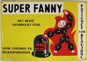 A vintage Dutch adverting tin sign for anthracite coal "SUPER FANNY", the colourful sign