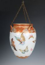 A Japanese Kutani porcelain hanging vase / pot Meiji period, of ovoid form with three hanging loops,