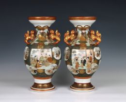 A pair of Kutani vases of baluster form, painted with scenes of warriors and geishas, with
