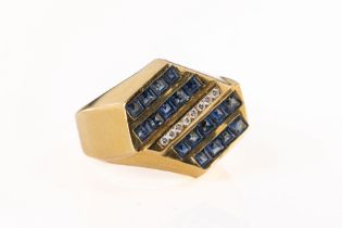 An 18ct yellow gold sapphire and diamond abstract ring Of geometric design, arranged in parallel