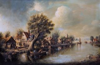 20th century English School Riverside Village oil on canvas, modern swept frame, Roberson & Co