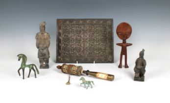 A rummage box of collectables - to include a Tibetan prayer wheel with turquoise and coral