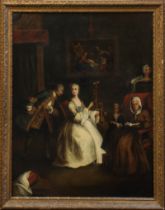 After Pietro Longhi (Italian, 1702-1785) Elegant Company in an Interior with a Lady at a Spindle,