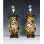 A pair of Victorian floral enamelled faux marble lamps