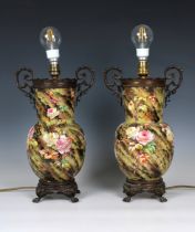 A pair of Victorian floral enamelled faux marble lamps