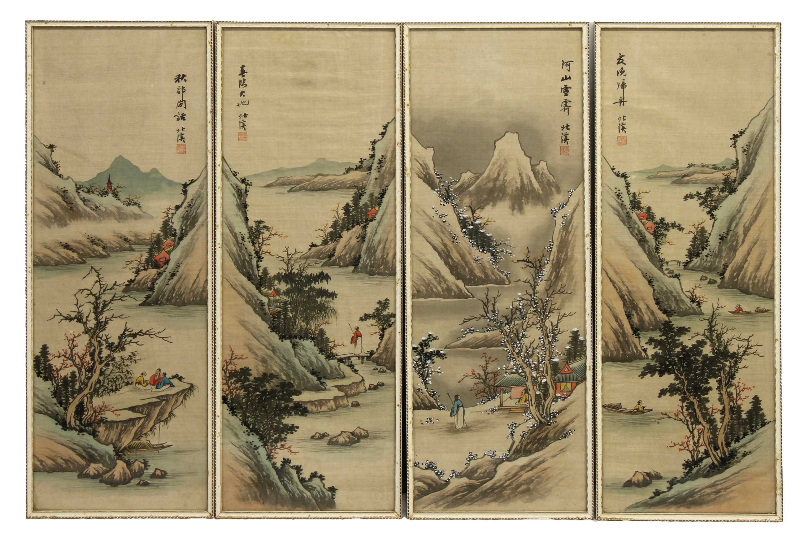 A set of four Japanese paintings on silk